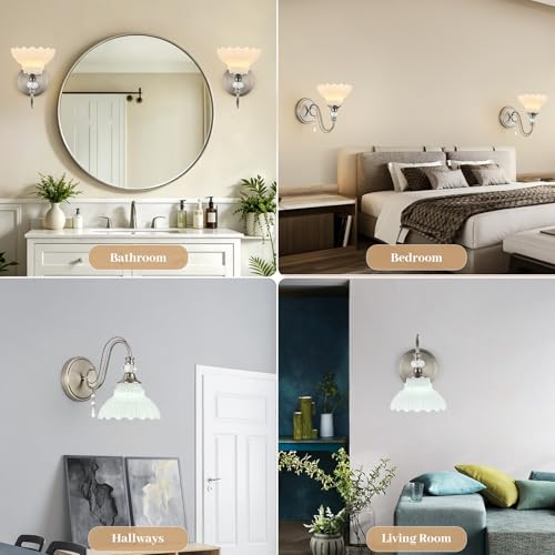 Image of 1 Piece Brushed Nickel Finish Wall Sconce, 1-Light Modern Wall Sconce with Hanging Crystal Accents and Flower-Shaped White Shades for Bathroom Bedroom Living Room,Modern Vanity Light