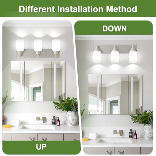 Image of Bathroom Light Fixtures, Brushed Nickel Bathroom Lighting Fixtures Over Mirror, Modern Vanity Light with White Glass Shade, Restroom Lighting Fixtures, 3-Light 22-inch