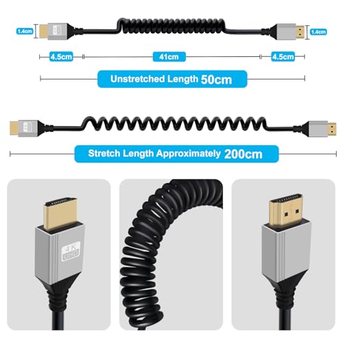 Coiled HDMI Cable 4K @ 60Hz Aluminum Shell Gold Plug HDMI Cable High Speed 3D, ARC, Ethernet for Laptop, Monitor, PS5, PS4, Xbox One, Fire TV, PC (Straight 0.5-2m)