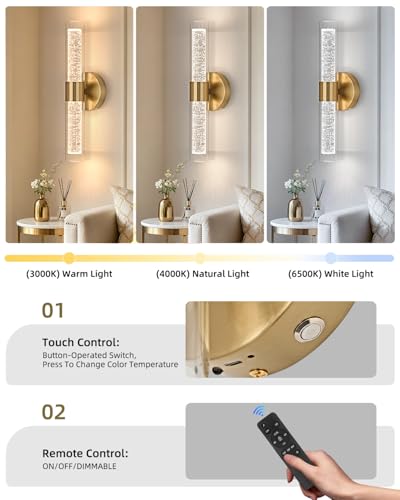 Image of OKELI Battery Operated Gold Wall Sconces Set of 2, Crysta Battery Wall Sconce with Remote Control, LED Rechargeable Sconces, 3000K-6000K Wireless Wall Light for Bedroom, Living Room, Hallway