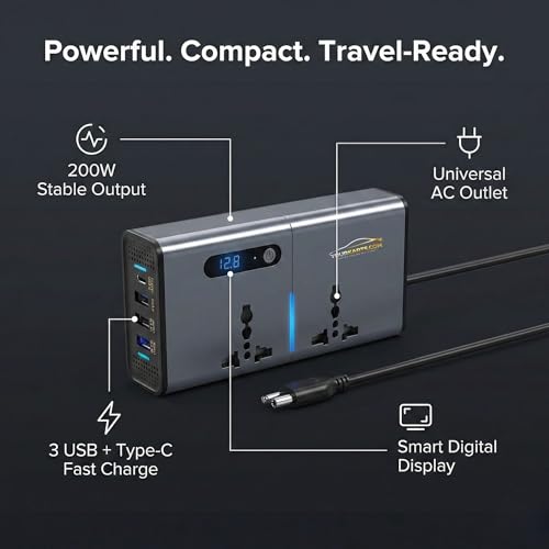 Image of YOURKARTS.COM 200W Car Power Inverter 12V to 220V DC to AC Converter with 2 USB Ports + 2 Type-C + 2 AC Outlets | Portable Car Charger Adapter for Laptop, Mobile, Travel Use