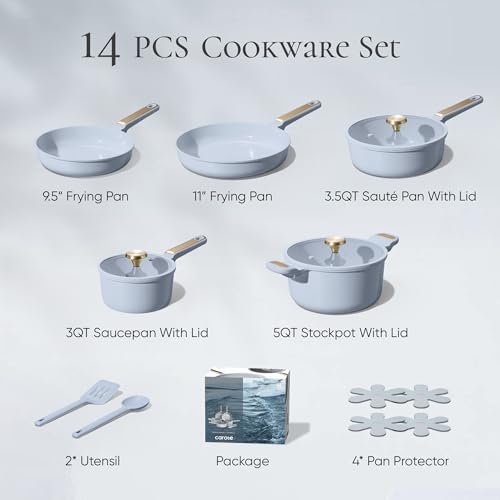 Image of CAROTE Ceramic Cookware Set Nonstick, 14pcs Pots and Pans Set Nonstick, Non-Toxic & PFAS-Free, Dishwasher, RV /Camping Cookware Set, Cooking Pots with Lids, Pastel Blue