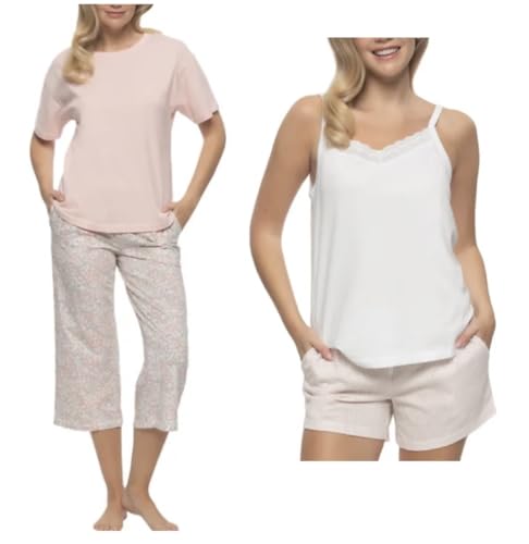 Felina レディース 4点 綿100% スリープパジャマセット、Tシャツ、タンクトップ、ショーツ、カプリパンツ, ピンク, Large（Amazon）
