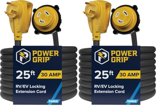 Image of Camco Power Grip 25-Ft 30 Amp RV Extension Cord w /Locking End - Rated for 125V / 3,750W - Features Threaded Locking Ring for Weatherproof Connection & RV Power Cord 90 Head (55501) (Pack of 2)