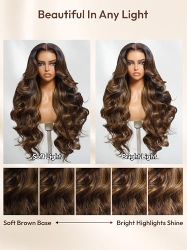 Image of Beauty Forever 7x5 Bye Bye Knots 2.0 Balayage Brown Highlight Body Wave Glueless Wig Human Hair Wear and Go Lace Front Wig Pre Cut HD Lace Pre Plucked Drawstring Wig 150% Density 24 Inch