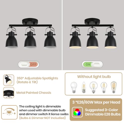 Image of 3-Light Track Lighting Fixture, Matte Black Adjustable Directional Ceiling Spot Lights, Industrial Farmhouse Semi Flush Mount Ceiling Light for Kitchen, Hallway, Bedroom, Living Room, E26 Base