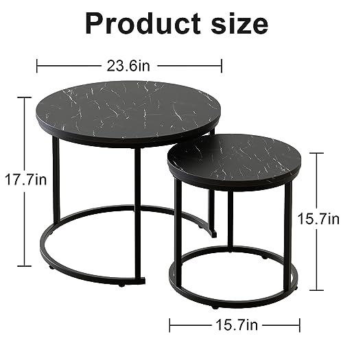 Image of aboxoo Round Nesting Coffee Table Side Set of 2 End Tables for Living Room Bedroom Balcony,Black Faux Marble Wooden Table 23.6IN Accent Large Coffee Table with Steel Frame