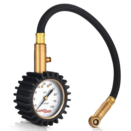 Image of Accu-Gage RH100XA Tire Pressure Gauge with Hose and Protective Rubber Guard, Angled Swivel Chuck, 100 PSI