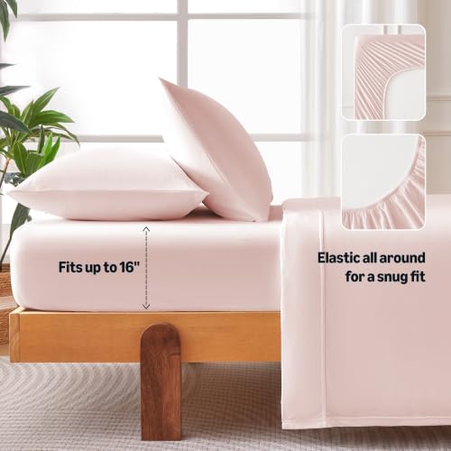 Image of Amazon Basics Jersey Knit 4-Piece Sheet Set, Wrinkle Resistant and Easy Fit, Includes 16 inch Deep Pocket Fitted Sheet, 1 Flat Sheet and 2 Pillowcases, Full, Pink