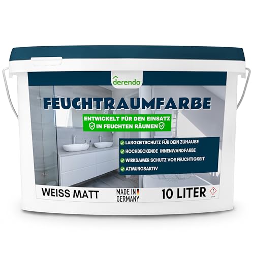 derendo Feuchtraumfarbe für Bad, Küche & Wohnräume, Wandfarbe weiß mit Langzeitschutz vor Feuchtigkeit Atmungsaktive Farbe feuchtigkeitsregulierend 10l, hohe Deckkraft (10 Liter)
