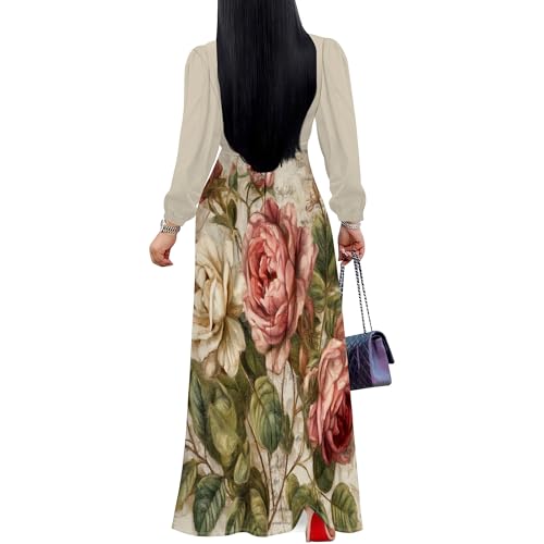 Image of Women's Plus Size Maxi Dresses Long Sleeves V Neck Floral Print Bohemian Swing Long Dress with Belt