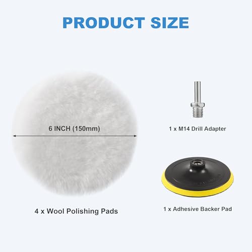 Image of S SATC Wool Polishing Buffing Pad Car Buffer Polisher Pads Kit with 4PCS 6 Inch Buffing Pad M14 Drill Adapter and Hook and Loop Back, Drill Polisher Attachment for Car Polishing, Waxing