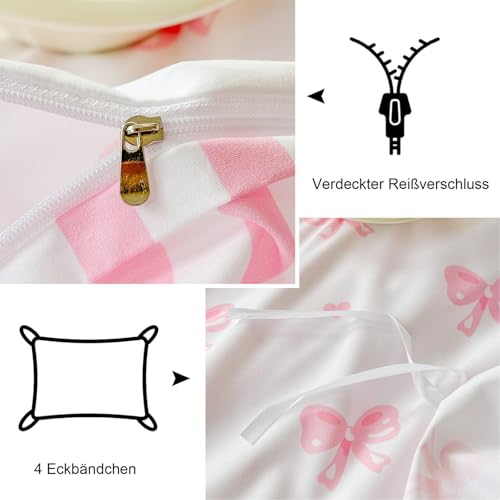 Freyamy Bettwäsche 220x240 Rosa Schleifen Herzen Gestreifte Bettwäsche Set – Ansicht 6