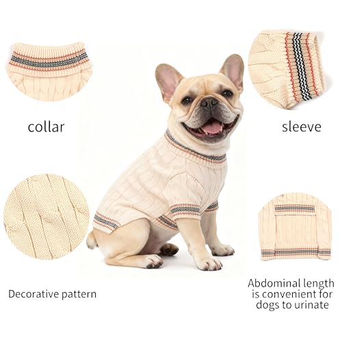 Image of Small /Medium Dog Sweater, Warm Dog Winter Coat w /Sleeves, Comfortable High Neck & Leash Hole, Premium Dog Clothes for Bulldog-Best for Holidays, Daily Walks L White