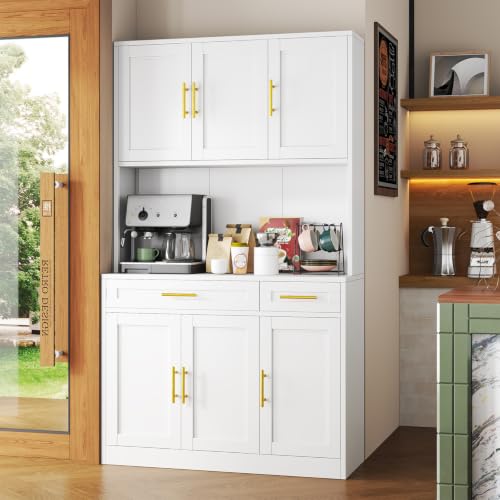 Image of 71 Sideboard Buffet Cabinet, Metal Kitchen Coffee Bar Cabinet White | Pantry Sideboard Storage, Coffee Bar Table Console with Cable Hole, Drawers, Adjustable Shelves for Kitchen, Living Room