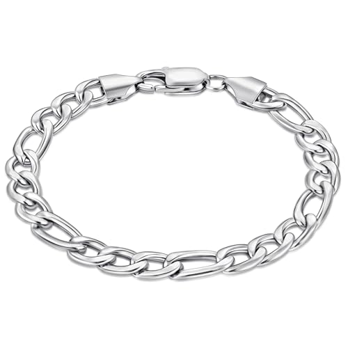 Fiusem Silver Tone Figaro Mens Bracelet 7mm Width Stainless Steel Link Chain Bracelets for Men 7.5 Length