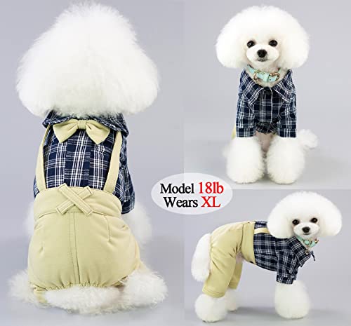 Pet Clothes Dog Shirts Classic Plaid Striped Overall Jumpsuit, Gentle Puppy Wedding Birthday Western Onesies Apparel, Fashion Daily Outfit With Bowtie For Dogs And Cats (X-Small, Khaki) #TOP5