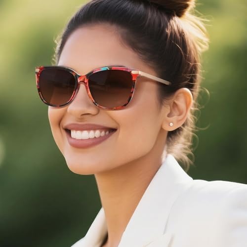 AVAWAY Womens Square Sunglasses Polarized UV Protection Red Cat Eye Metal Arm Acetate Frame Category 3 Sun Shades Sunnies2