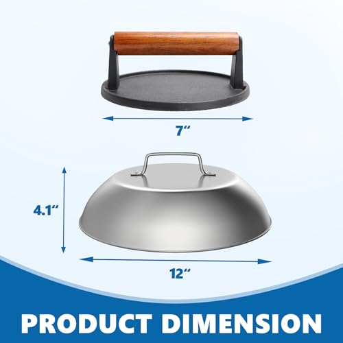 Image of SafBbcue Round Cast Iron Smash Burger Grill Weight Press Tool & Griddle Steamer Melting Dome 12 inch Round Stainless Steel Basting Cover for Blackstone Griddle, Griddle Food Cover Dome for Flat Top Grills