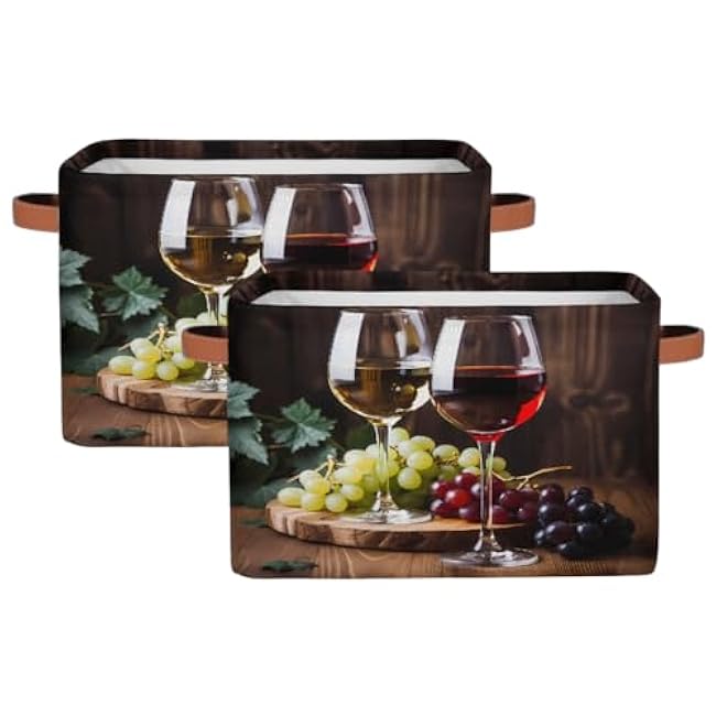 Storage Baskets for Shelves Red Wine Glass Grapes Foldable Decorative Storage Basket Bins with Handles Storage Basket Box for Home, 2 Pcs