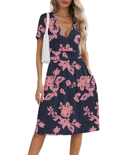 Image of NILOUFO Women's Summer Short Sleeve Casual Dress Wrap V Neck Party Midi Dresses with Pockets