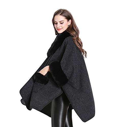 FOLOBE Women Faux Fur Cloak Poncho Cape Black