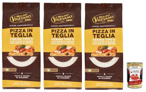 Molino Vigevano Farine Professionali Pizza en Teglia, tipo harina '0' para pizzas en sartén, harina profesional 3 x 500 g + polpa italiana gourmet 400 g