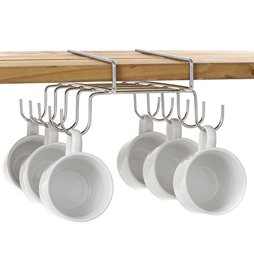 MyGift 10 Hook Under-The-Shelf Mug Rack, Metal Coffee Cup Storage Holder & Drying Rack, Silver