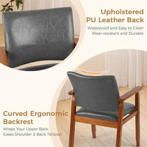 Image of NOBPEINT Mid-Century Modern Dining Chairs with Armrest Set of 4, PU Leather Upholstered Dining Room Chairs with Solid Wood Frame, Walnut Kitchen Armchairs for Kitchen Living Room Restaurant, Grey