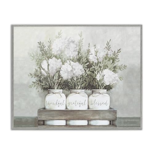 Stupell Industries Pristine Hydrangea Bouquets Thankful Grateful Blessed Sentiment Framed Giclee Art Design by Dogwood Portfolio, 16 x 20, Gray Framed