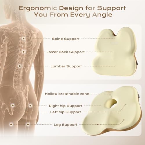 Image of Coverado Lumbar Support Pillow and Seat Cushions for Office Chairs, Memory Foam Orthopedic Coccyx Cushion for Tailbone Pain Cushion Pillow & Back Pain Pressure Relief Seat Cushion Coffee&Beige