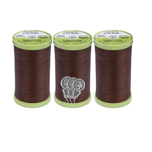 Coats & Clark Hand Quilting Sewing Thread Cotton Covered Polyester 325 Yards S960 3 Pack Bundle with 3 Bellas Crafts Needle Threaders (Chona Brown)