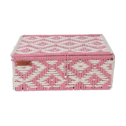 Image of Kaahira Handmade Decorative Storage Box and Organiser | Macrame Gift Hamper Box for Cosmetics, Toiletries & Return Gifts | Aesthetic Rope Woven Organizer (Pink and White, Large - 14x10x4)