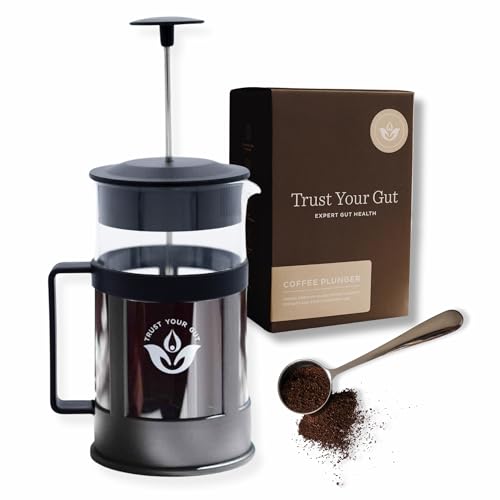 Trust Your Gut Premium Portable French Press Coffee Maker, Glass & Stainless Steel Enema Coffee Plunger, Durable and Heat-Resistant, Easy to Use, 1L Capacity