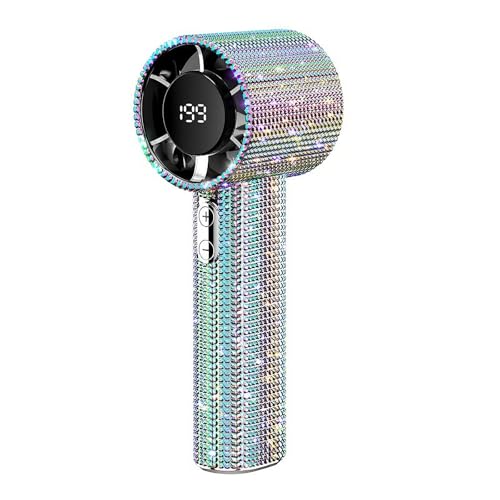 Mulstio Luxury Diamond Handheld Fan High-Speed Portable USB-C Rechargeable Mini Fan with Digital Display & Speed Adjustable Personal Fan for Indoor Outdoor Travel (Rainbow Diamond)