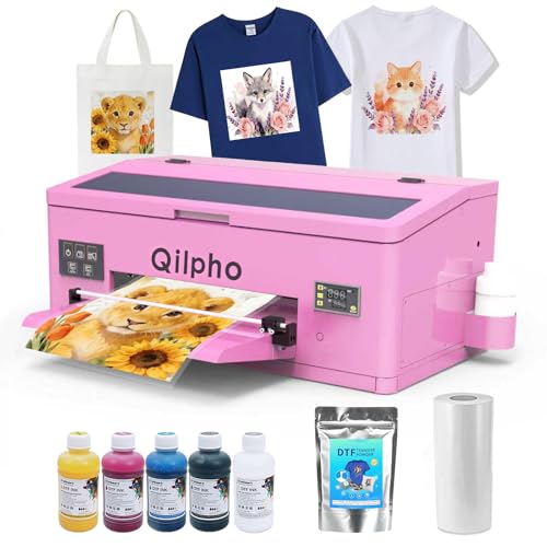 Qilpho A3 DTF Printer for T-Shirts - 1390 Transfer Printing Machine with White Ink Circulation & Auto Cleaning,Compatible with Cotton & Polyester,Includes Software,Ink,Film,Powder
