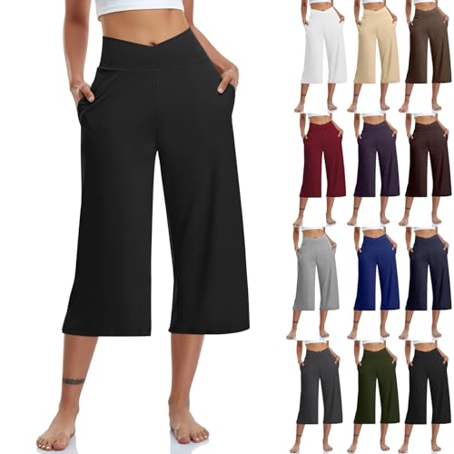 Womens Capris Loose Stretch Active Workout Crop Lounge Yoga Pants Activewear Wide Leg Capri Leggings with Pockets