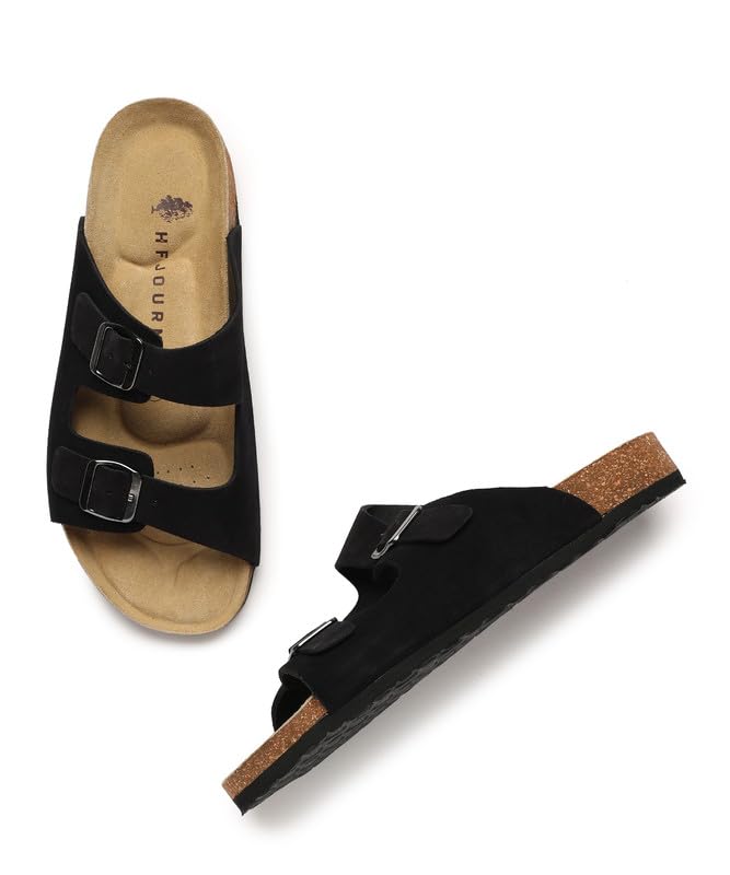 Image of HF JOURNEY Men's Vasco Double Strap Cork Footbed Sandals - Adjustable Buckle Slip-On Comfort Slides (Size 41-46)