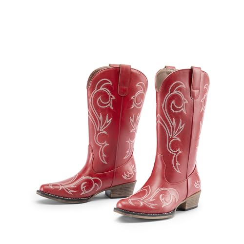 DREAM PAIRS Women's Cowboy Boots Mid Calf Cowgirl Boots Square Toe Chunky Heel Embroidery Stitched Western Boots,Size 11,Red,SDMB2403W