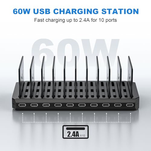 Charging Station for Multiple Devices, Cinlinso 60W 10 Port USB Fast Charging Station with Adjustable Dividers, Compatible with iPhone, iPad, Tablets and Cell Phone (Black) - Image 3
