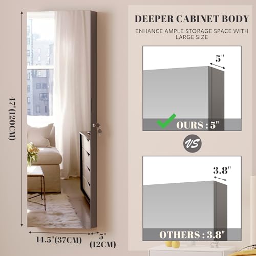Vlsrka LED Espejo Joyero de Pared, Armario joyero de puerta con Cerradura, Armario Espejo colgante Con 3 luces colores, Armario con Joyero Almacenamiento, Regalos para mujes, Dormitorio, Gris - imagen 3
