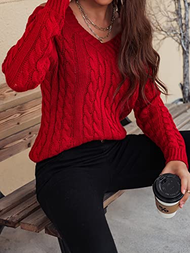 SHENHE Women's Cable Knit Sweater Casual Cold Shoulder V Neck Long Sleeve Knitted Pullover Tops3
