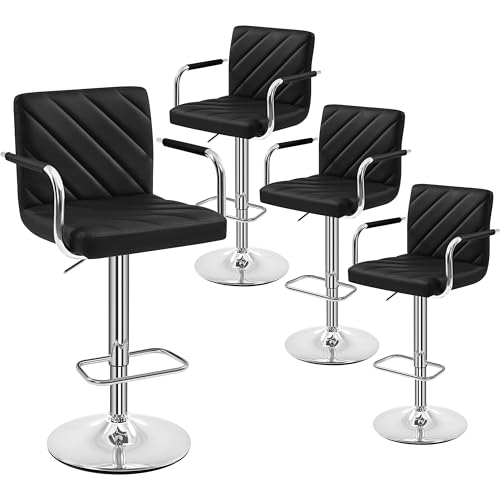 Yaheetech Set of 4 Adjustable Swivel Bar Stools - Black with Back, Armrest, and Footrest for Kitchen and Dining Areas