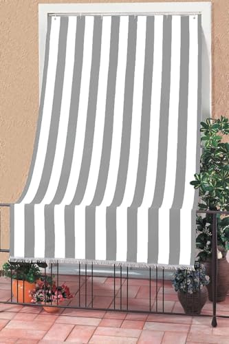 Corredocasa Tenda da Sole per Balcone e Finestre per Esterno a Righe Larghe con Anelli e Frangie in Tessuto Resistente che Protegge dai Raggi Solari, Oscurante per Veranda Casa (Grigio, 140x250 CM)