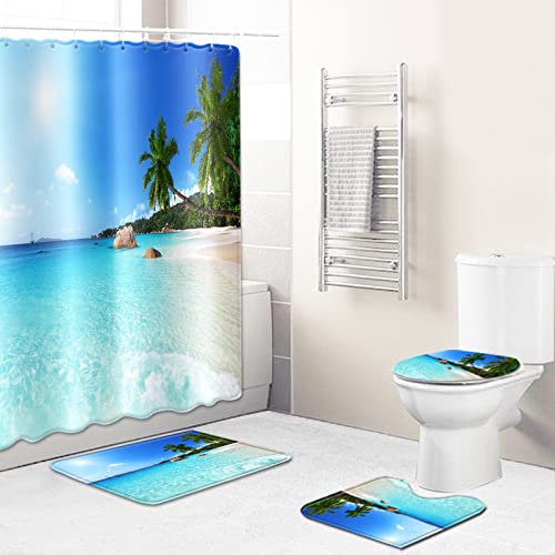 Duschvorhang Cyan Blue Tree Badezimmerteppich 4-Teiliges Set, Duschvorhang 180x180 Polyester+Badematte rutschfeste(45x75…