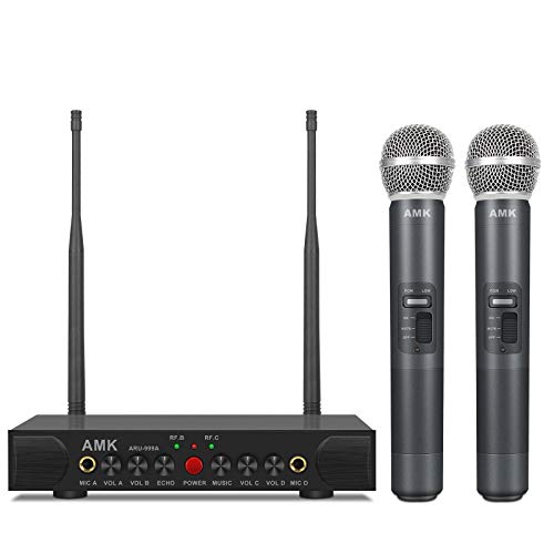 Wireless Microphone System with Echo, AMK UHF Dual Cordless Mics Receiver with 1/4â€™â€™ Input Jacks for Two More Wired Mics, All Metal, Easy Setup, Echo Control, for Karaoke/Public Address ARU-999B