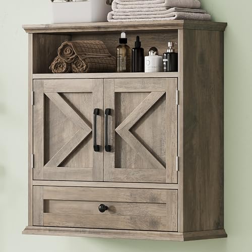 Image of Bathroom Wall Cabinet, Wall Mounted Medicine Cabinet 24.4 inchH x 23.6 inchW x 9 inchD | With Drawer, Barn Doors & Adjustable Shelf, Grey Over Toilet Farmhouse Storage Cabinet for Kitchen, Laundry Room, Entryway