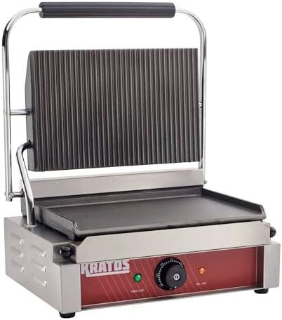 Kratos Commercial Electric Panini Sandwich Grill with Grooved Top and Smooth Bottom Plates, 14" x 9" Cooking Surface, Commercial Countertop Panini Press, 120V, 1750W (29Y-022)