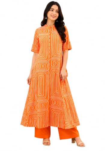 Image of Yash Gallery Women's Cotton Printed A-Line Kurta with Pant Set |Lilac Geometric Print|Mandarin Collar, Front Buttons & Short Roll-Up Sleeves|Casual & Office Ethnic Wear