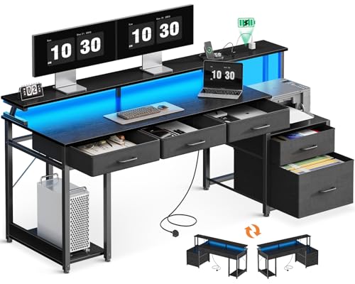 Coleshome Computer Desk with Drawers, 162x48cm Office Desk with LED Lights & Power Oultet, Reversible PC Study Table with Storage, Black